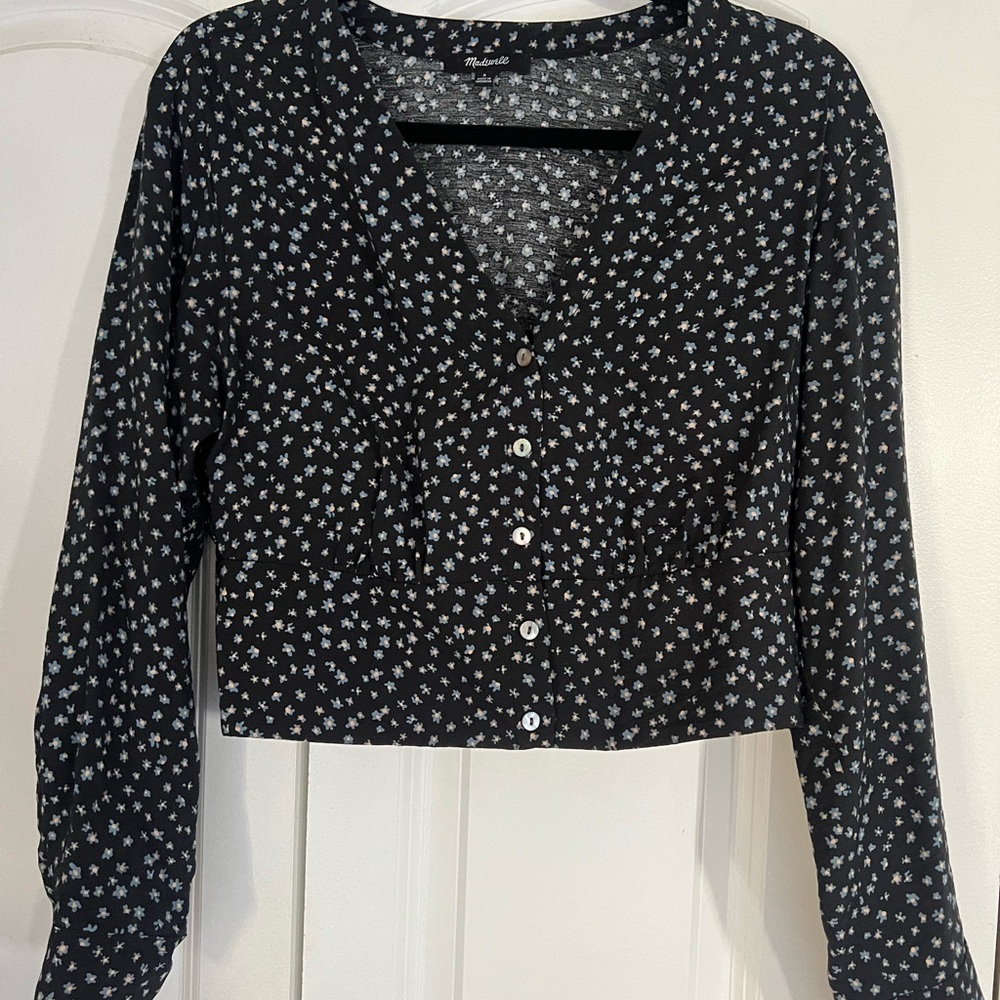 Madewell Black Blouse with White Floral Design